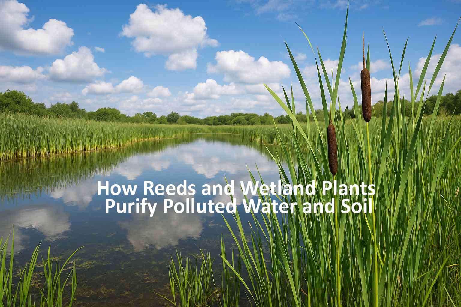 cattails and bulrushes absorbing nitrogen and phosphorus from water in constructed wetland